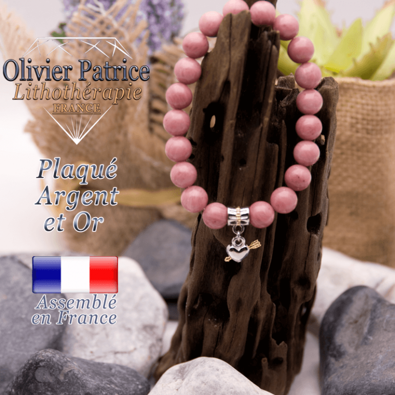 Bracelet rhodochrosite charms coeur avec fleche plaqué or-argent