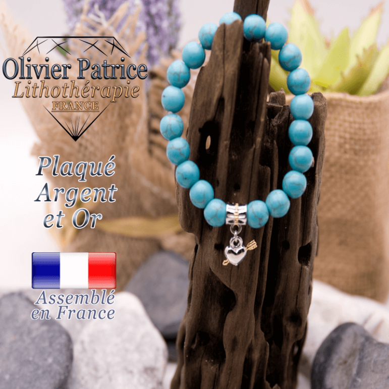 Bracelet turquoise charms coeur avec fleche plaqué or-argent