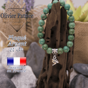 Bracelet turquoise du Tibet charms  dauphin plaqué or-argent