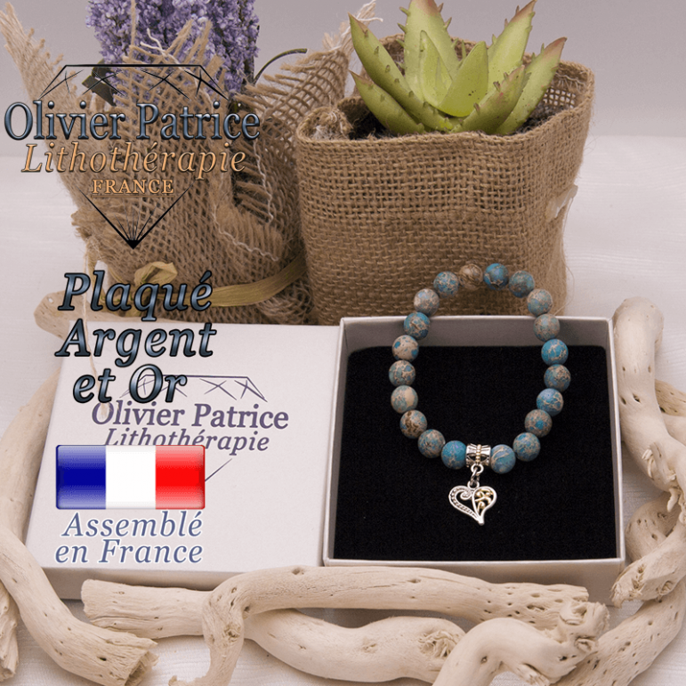 Bracelet agate crazy lace bleu charms coeur plaqué or-argent