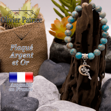Bracelet agate crazy lace bleu charms fée plaqué or-argent