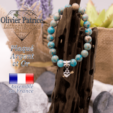 Bracelet agate crazy lace bleu charms coeur avec fleche plaqué or-argent