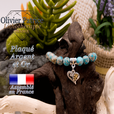 Bracelet agate crazy lace bleu charms coeur plaqué or-argent