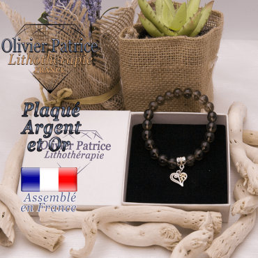 Bracelet quartz fumé charms coeur plaqué or-argent