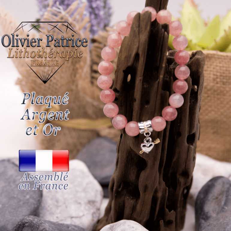Bracelet quartz fraise charms coeur avec fleche plaqué or-argent