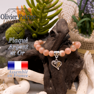 Bracelet pierre de soleil charms coeur plaqué or-argent