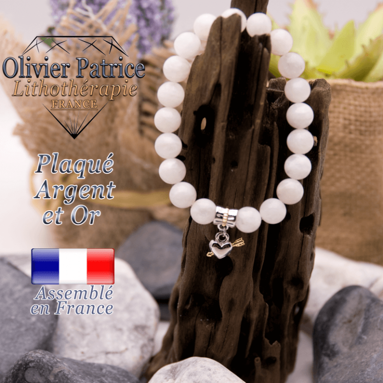 Bracelet pierre de lune charms coeur avec fleche plaqué or-argent
