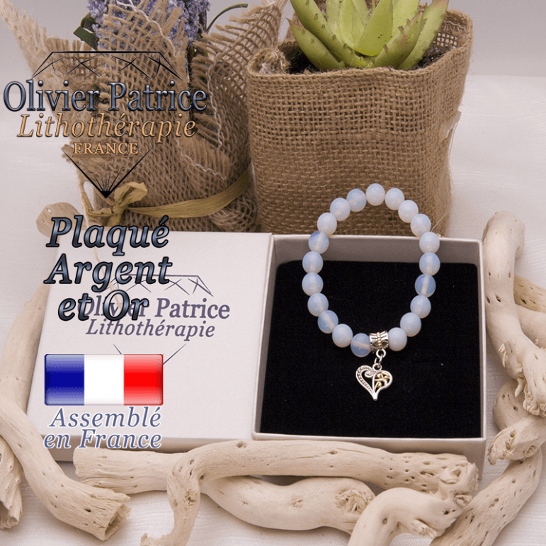 Bracelet opale charms coeur plaqué or et argent
