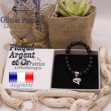 Bracelet onyx mat charms coeur plaqué or-argent