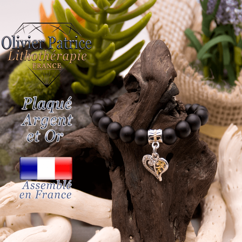 Bracelet onyx mat charms coeur plaqué or-argent