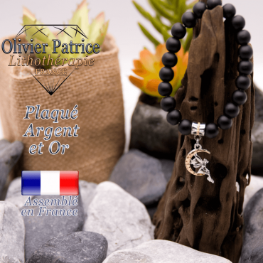 Bracelet onyx mat charms fée plaqué or-argent