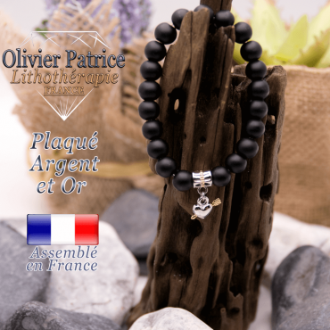 Bracelet onyx mat charms coeur  avec fleche plaqué or-argent