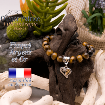 Bracelet Œil de Tigre charms coeur plaqué or-argent