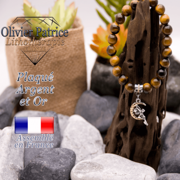 Bracelet Œil de Tigre charms fée plaqué or-argent