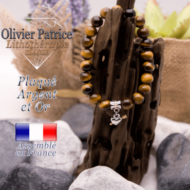 Bracelet Œil de Tigre charms coeur avec fleche plaqué or-argent