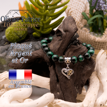 Bracelet Œil de tigre teinte verte charms coeur plaqué or-argent
