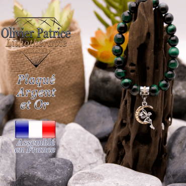Bracelet Œil de tigre teinte verte charms fée plaqué or-argent