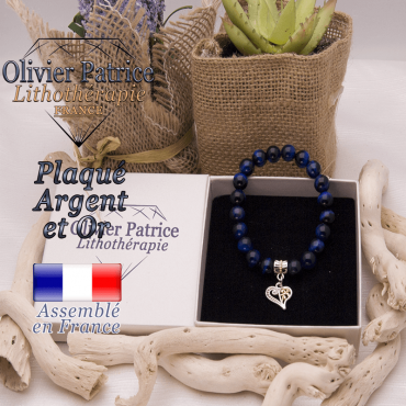Bracelet oeil de tigre teinte bleue charms coeur plaqué or-argent