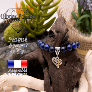 Bracelet oeil de tigre teinte bleue charms coeur plaqué or-argent