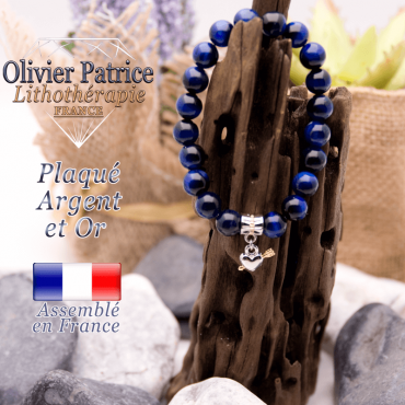 Bracelet oeil de tigre teinte bleue charms coeur avec fleche plaqué or-argent