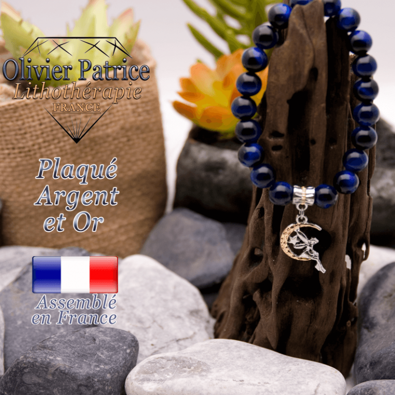Bracelet oeil de tigre teinte bleue charms fée plaqué or-argent