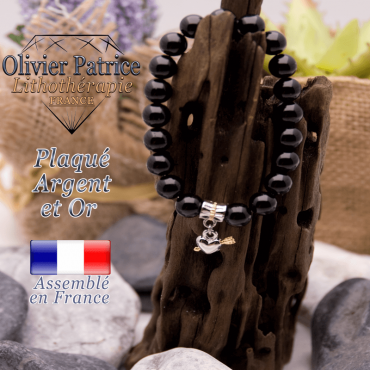 Bracelet obsidienne charms coeur avec fleche plaqué or-argent