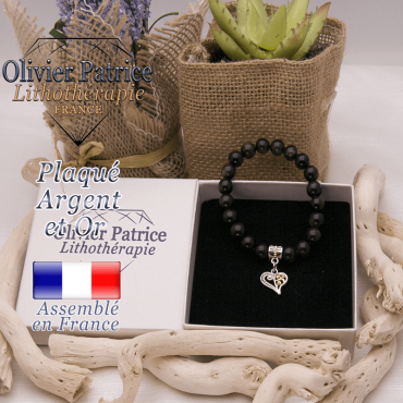 Bracelet obsidienne dorée charms coeur plaqué or-argent