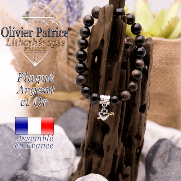 Bracelet obsidienne dorée charms coeur avec fleche plaqué or-argent