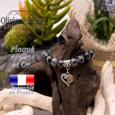 Bracelet obsidienne neige charms coeur plaqué or-argent