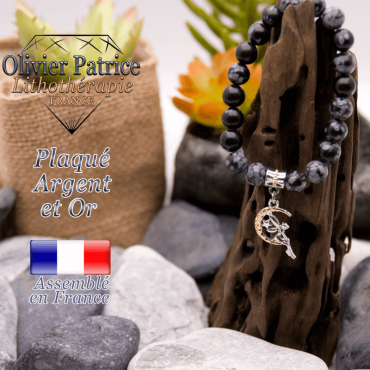 Bracelet obsidienne neige charms fée plaqué or-argent