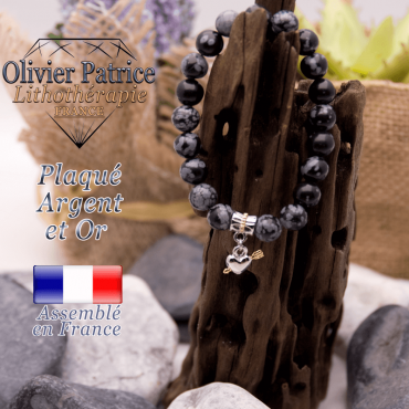 Bracelet obsidienne neige charms coeur avec fleche plaqué or-argent