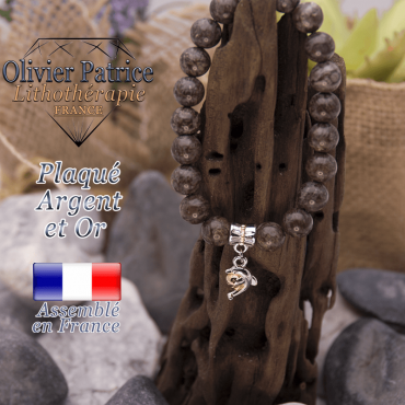Bracelet obsidienne neige brune charms dauphin plaqué or-argent