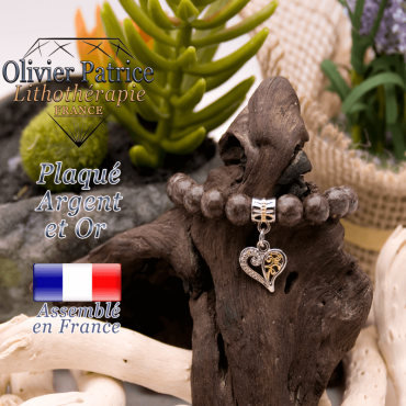 Bracelet obsidienne neige brune charms coeur plaqué or-argent