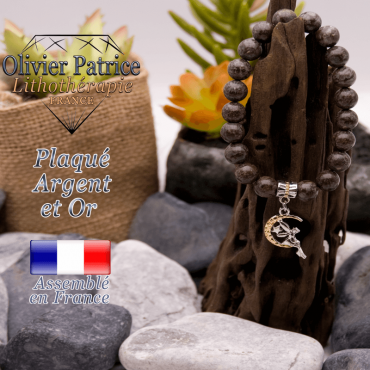 Bracelet obsidienne neige brune charms fée plaqué or-argent