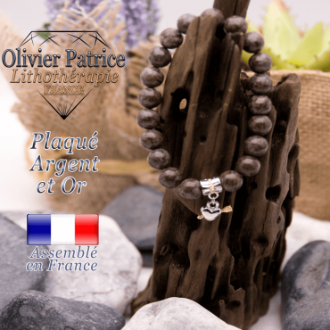 Bracelet obsidienne neige brune charms coeur avec fleche plaqué or-argent
