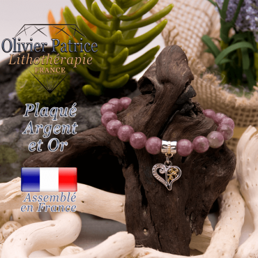Bracelet lépidolite charms coeur plaqué or-argent