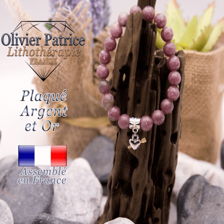 Bracelet lépidolite charms coeur  avec fleche plaqué or-argent