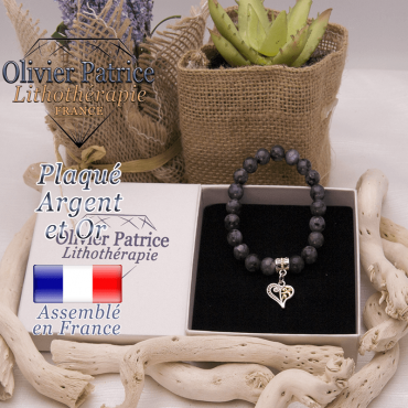 Bracelet larvikite charms coeur plaqué or-argent