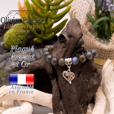 Bracelet de labradorite charms coeur plaqué or-argent