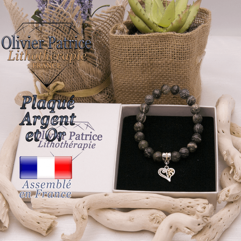 Bracelet jaspe zèbre vert charms coeur plaqué or-argent