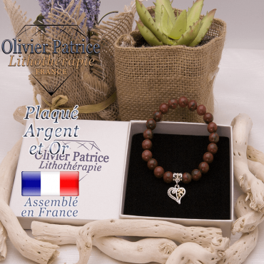 Bracelet jaspe rouge charms coeur plaqué or-argent