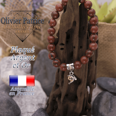 Bracelet jaspe rouge charms dauphin plaqué or-argent