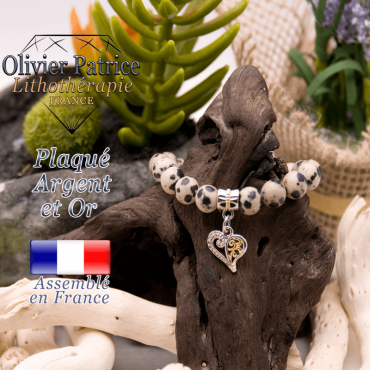 Bracelet jaspe dalmatien charms coeur plaqué or-argent