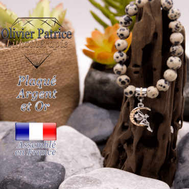 Bracelet jaspe dalmatien charms fée plaqué or-argent