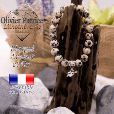 Bracelet jaspe dalmatien charms coeur avec fleche plaqué or-argent