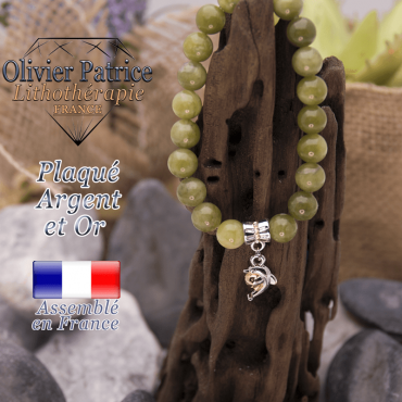 Bracelet jade néphrite du Canada charms dauphin plaqué or-argent