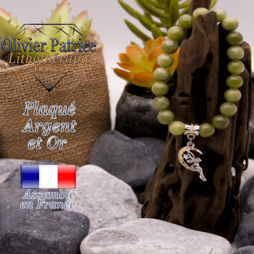 Bracelet jade néphrite du Canada charms fee plaqué or-argent