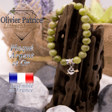 Bracelet jade néphrite du Canada charms coeur avec fleche plaqué or-argent