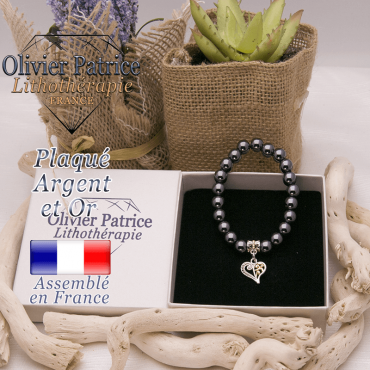 Bracelet hématite charms coeur plaqué or-argent