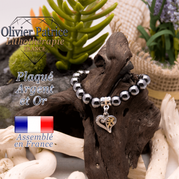 Bracelet hématite charms coeur plaqué or-argent